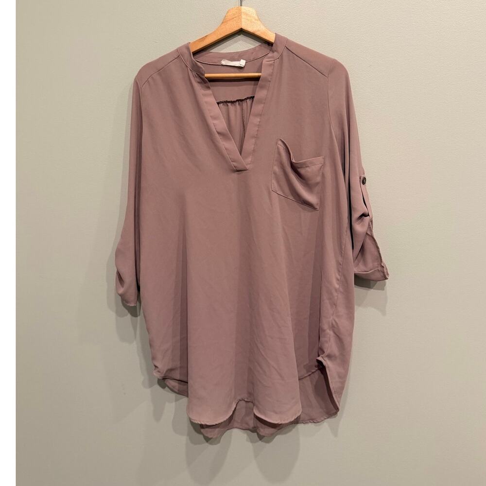 Lush Mauve Flowy Oversized Chiffon VNeck Roll Tab Sleeve Tunic Blouse Top Size M